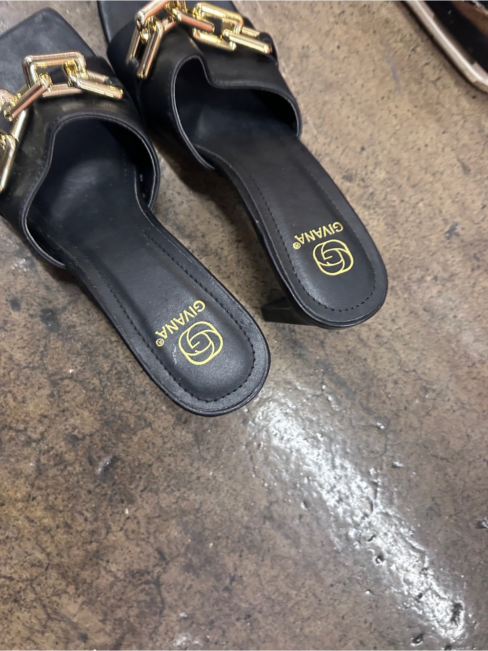 Saivana Black Slide Sandals with Gold Chain Detail